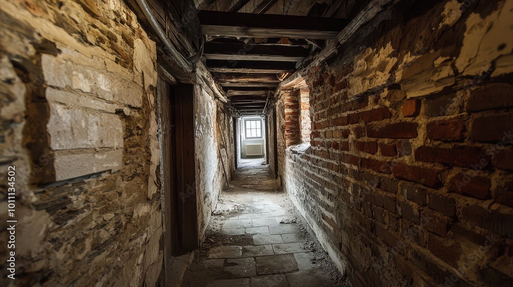 A dimly lit corridor showcasing old brick and stone walls, highlighting the rustic charm of historical architecture. A dimly lit corridor showcasing old brick and stone walls, highlighting the rustic charm of historical architecture.