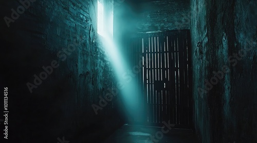 A dimly lit corridor with a barred door, light filtering through a small window, creating a mysterious atmosphere.