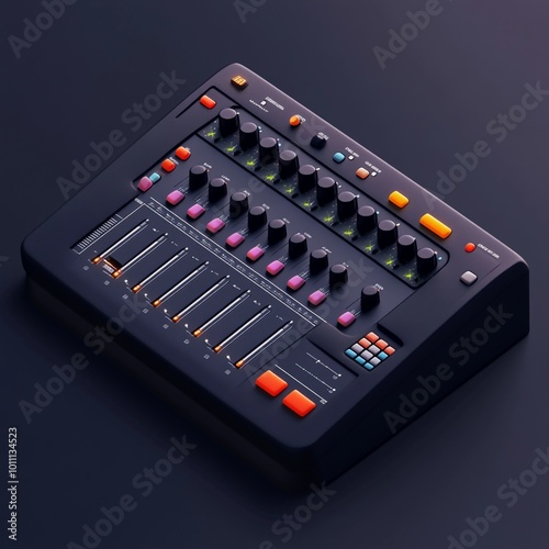 3D Mixer Console Icon: Audio Mixing and Sound Control Illustration Logo