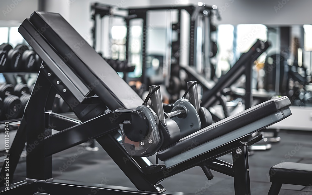 Fototapeta premium A weight bench in a modern gym with dumbbells in the background.