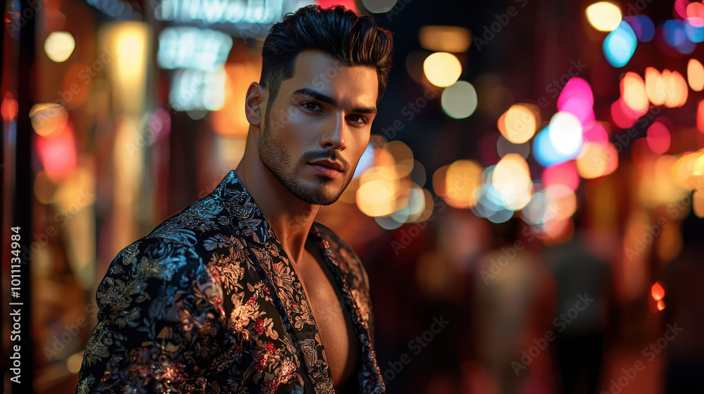 Handsome Man in Floral Jacket Standing in Night City Handsome Man in Floral Jacket Standing in Night City
