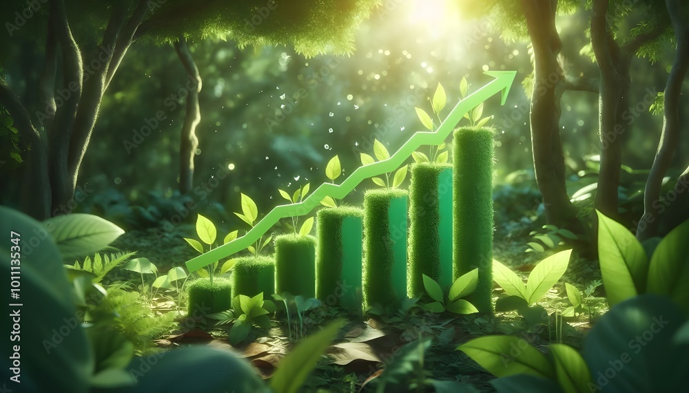 Green bar graph amidst lush foliage symbolizes eco-friendly growth and sustainable development. Green bar graph amidst lush foliage symbolizes eco-friendly growth and sustainable development.