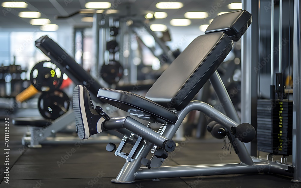 Fototapeta premium A black leather weight bench in a modern gym with a shoe resting on the footrest.