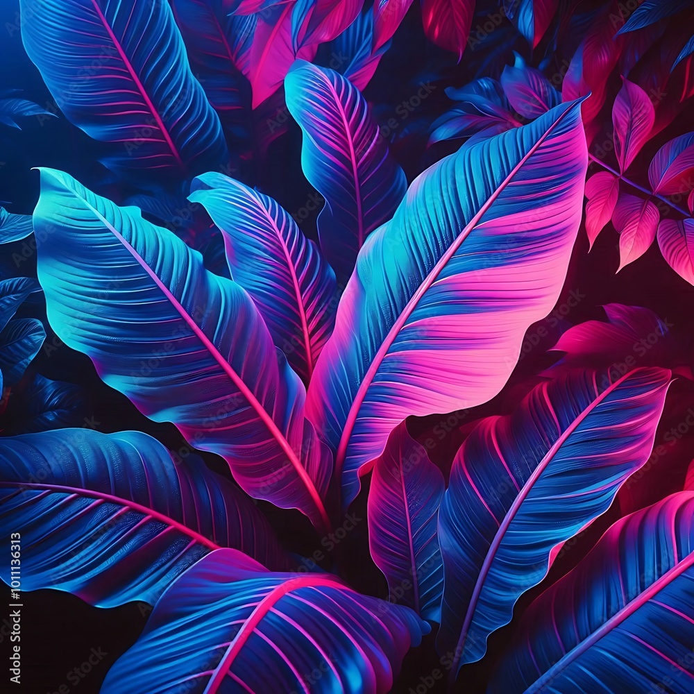 Fototapeta premium Vibrant Spectrum of Nature. A close-up of monstera leaves with a vivid, neon color treatment ranging from deep blues to purples and pinks. 