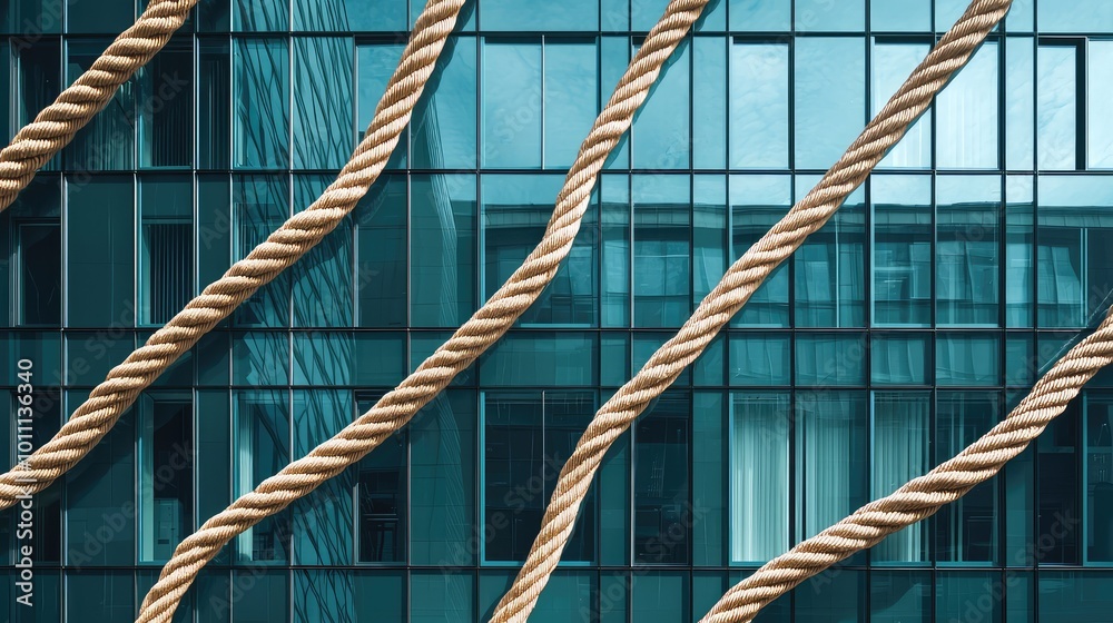 A dynamic view of modern architecture featuring reflective glass and intertwined ropes, symbolizing strength and connection. A dynamic view of modern architecture featuring reflective glass and intertwined ropes, symbolizing strength and connection.