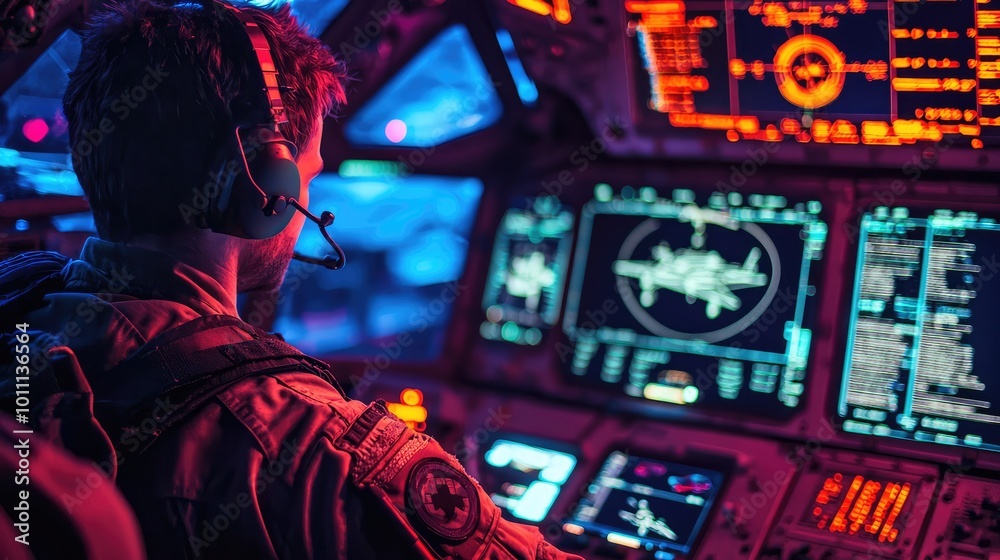 A focused pilot navigating a high-tech cockpit filled with vibrant screens and controls, showcasing advanced aviation technology. A focused pilot navigating a high-tech cockpit filled with vibrant screens and controls, showcasing advanced aviation technology.