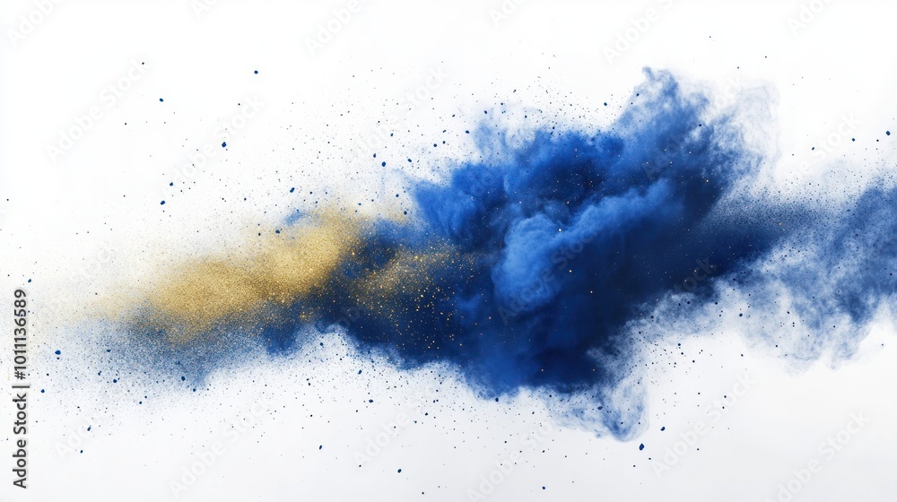 A vibrant explosion of blue and gold powder creating an artistic, dynamic visual effect. A vibrant explosion of blue and gold powder creating an artistic, dynamic visual effect.