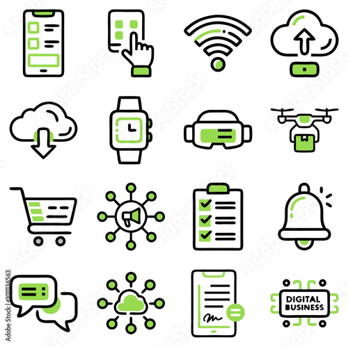 Digital business icon set with technology symbols and modern design, set 1