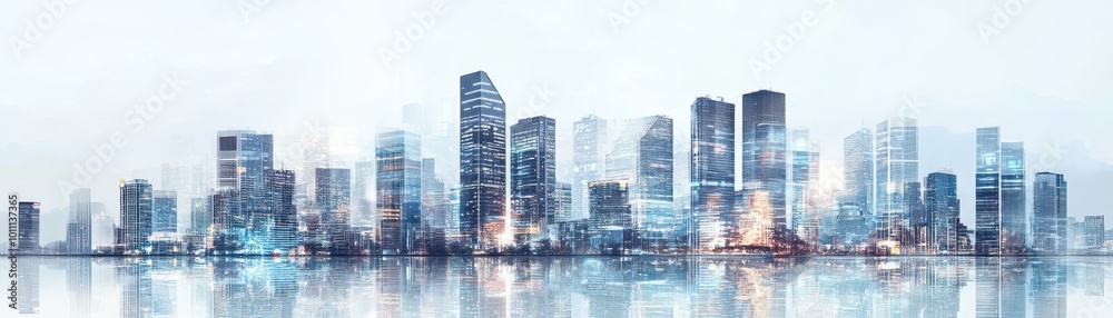 City skyline with interconnected smart buildings, where IoT systems manage energy efficiency and security, smart city, IoT, architecture City skyline with interconnected smart buildings, where IoT systems manage energy efficiency and security, smart city, IoT, architecture