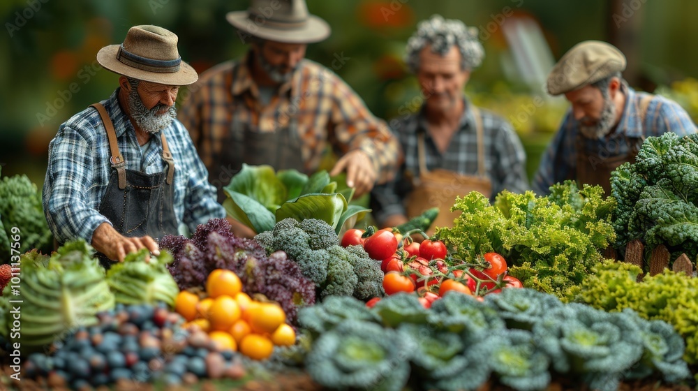 A group of organic farmers discussing farming techniques in a field or at a farmers' market stall. Background - diverse organic produce on display A group of organic farmers discussing farming techniques in a field or at a farmers' market stall. Background - diverse organic produce on display