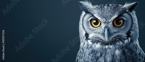 A Close Up of a Wise Owl with Intense Yellow Eyes, a Symbol of Knowledge and Wisdom photo