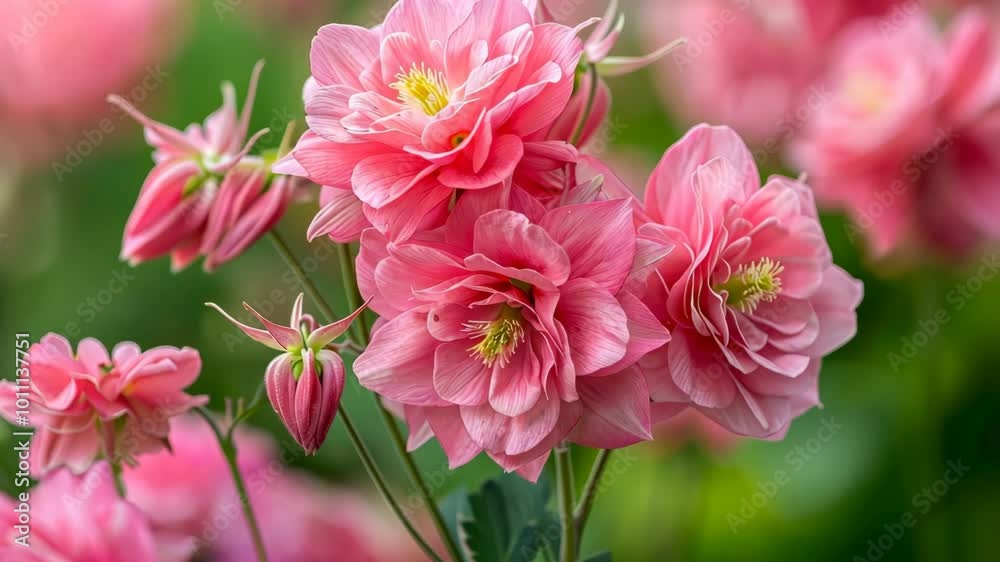 Pink columbine flowers bloom in a lush garden on a sunny day Pink columbine flowers bloom in a lush garden on a sunny day