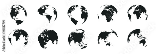Earth globe icon set. World map in globe shape. Earth globes collection on transparent background