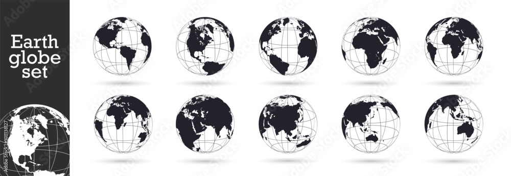 Set of transparent globes of Earth. Global map. Map symbol. Realistic world map in globe shape with transparent texture and shadow Set of transparent globes of Earth. Global map. Map symbol. Realistic world map in globe shape with transparent texture and shadow