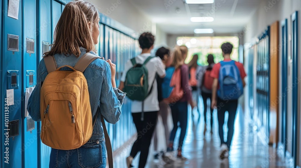 A group of students walking through a school hallway, showcasing lockers and backpacks, illustrating school life and friendship. A group of students walking through a school hallway, showcasing lockers and backpacks, illustrating school life and friendship.