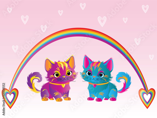 two cute cats in love under the rainbow, with hearts colorful vector illustration with copy space for your text