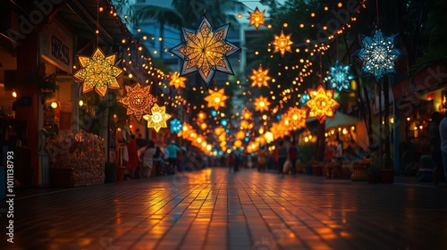Blurred people walking in illuminated street at night