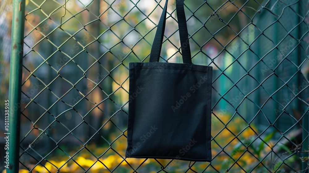 Black tote bag mockup hanging on green chainlink fence in natural light. Street greenery totebag template advertising image. Eco-friendly accessory mock up product photorealistic