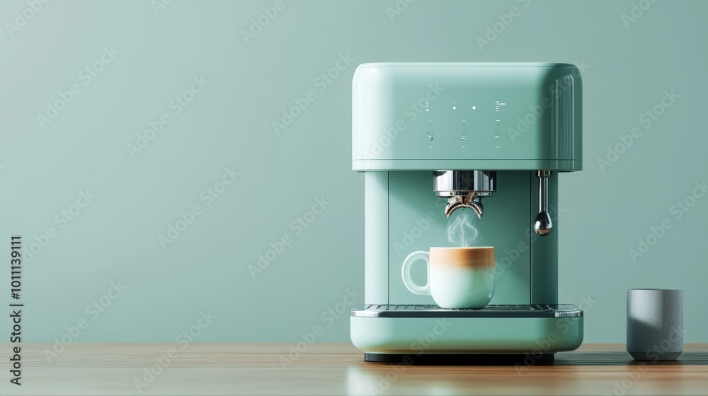 Mint Green Espresso Machine Making a Cup of Coffee Mint Green Espresso Machine Making a Cup of Coffee