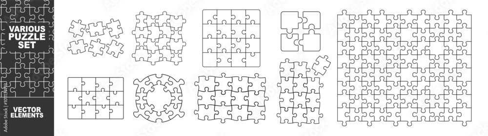 Puzzle pieces vector set. Jigsaw picture texture collection. Flat vector illustration isolated on transparent background. Puzzle pieces vector set. Jigsaw picture texture collection. Flat vector illustration isolated on transparent background.