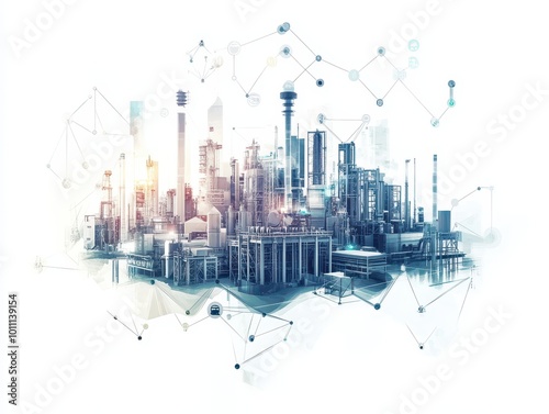 A network of smart sensors in a hightech factory within a futuristic cityscape, optimizing production efficiency, technology, smart industry, IoT