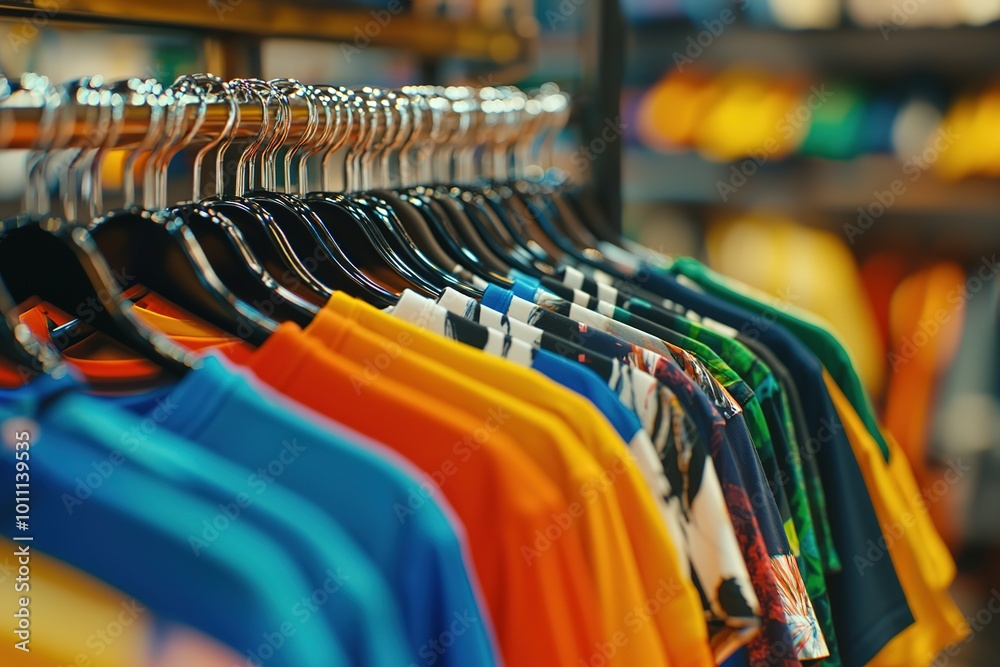 Fototapeta premium Colorful t-shirts on hangers in the store. Generative Ai
