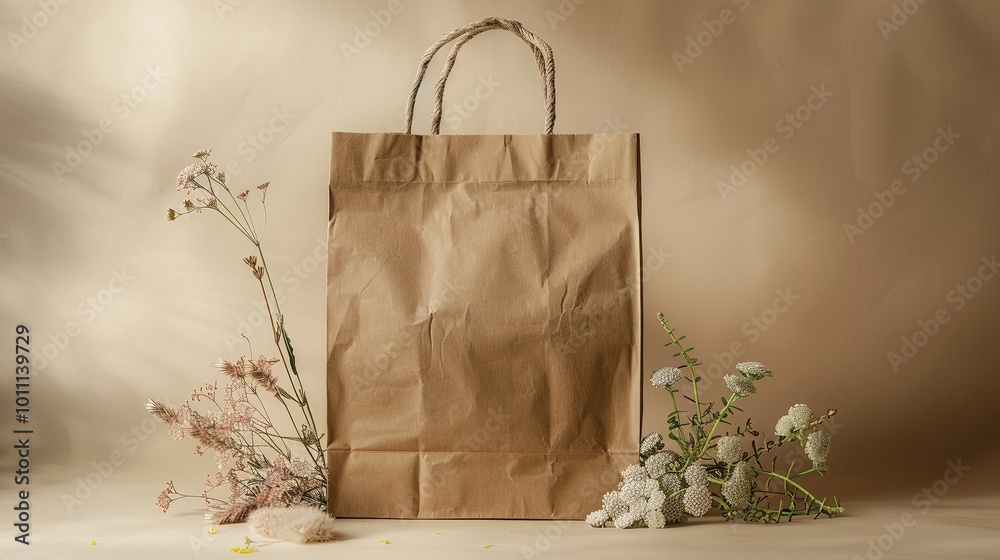 Crinkled brown paper bag mockup with wildflowers on soft neutral backdrop. Rustic natural theme craft paperbag template advertising image. Organic material mock up product photorealistic