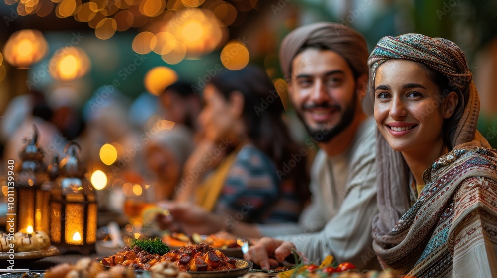 A family enjoying a festive meal together at home on Hijri New Year, with delicious food arranged on a table and smiles of joy A family enjoying a festive meal together at home on Hijri New Year, with delicious food arranged on a table and smiles of joy