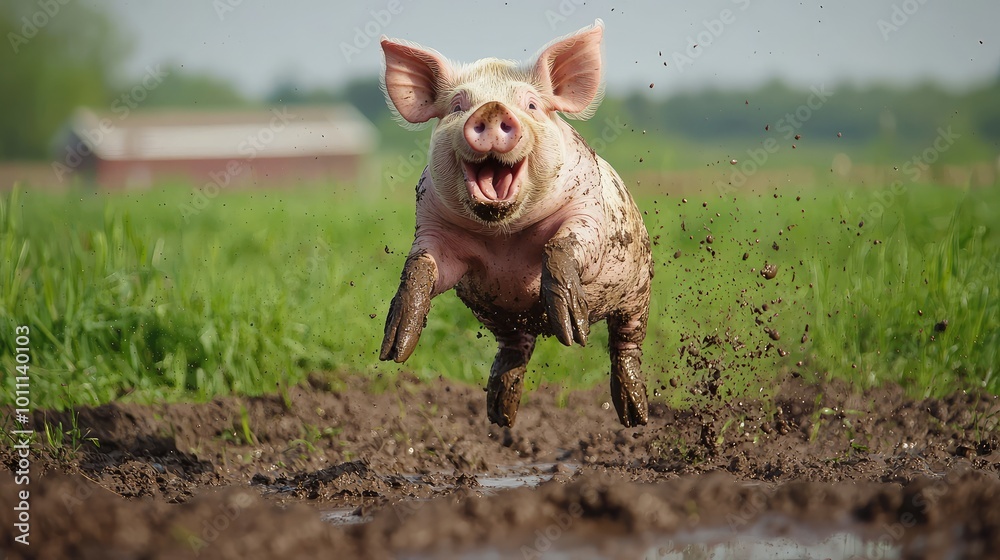 A joyful pig runs through a muddy field, showcasing the beauty of rural life and the playful spirit of farm animals in nature. A joyful pig runs through a muddy field, showcasing the beauty of rural life and the playful spirit of farm animals in nature.