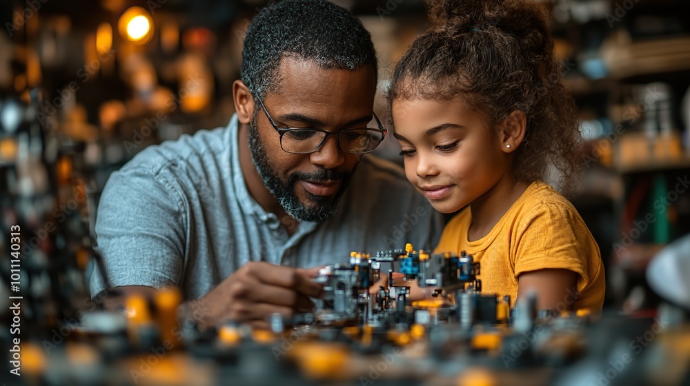 father ,girl during take your daughter to work day encouraging girl in career in robotics teacher showing young schoolgirl how to assemble small robot father ,girl during take your daughter to work day encouraging girl in career in robotics teacher showing young schoolgirl how to assemble small robot