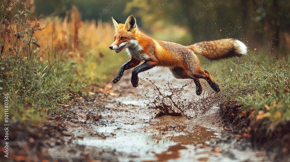 A lively fox leaps over a muddy puddle, showcasing its agility and vibrant fur in a natural, forested environment. A lively fox leaps over a muddy puddle, showcasing its agility and vibrant fur in a natural, forested environment.