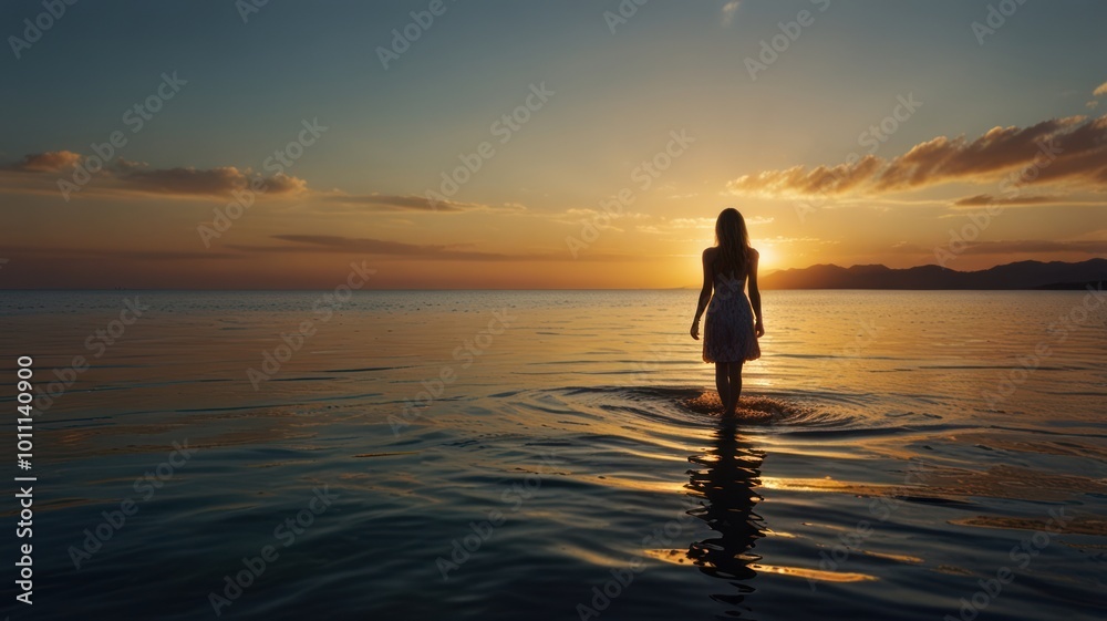 A woman walks into the ocean at sunset, silhouetted against the golden sky. A woman walks into the ocean at sunset, silhouetted against the golden sky.