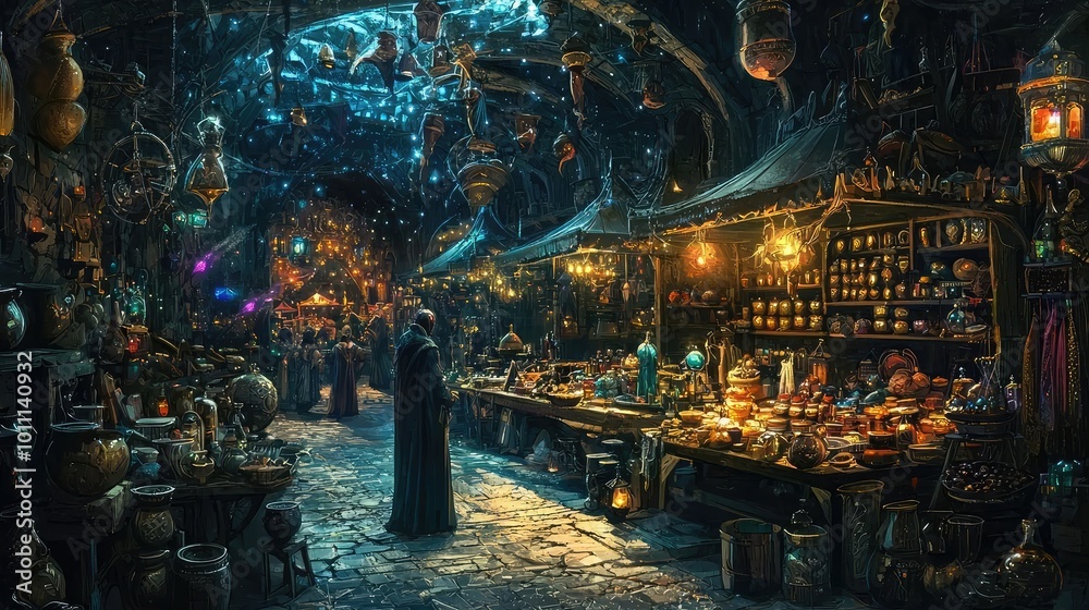 Obraz premium A magical market filled with mystical items, colorful lights, and enchanting artifacts, inviting exploration and discovery.