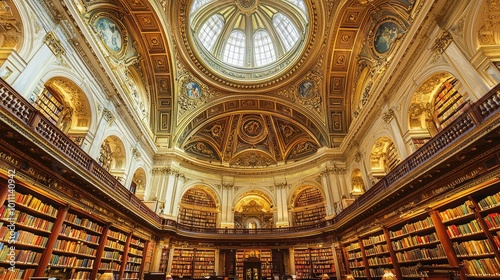 A magnificent library interior featuring grand architecture, towering bookshelves, and intricate ceilings, ideal for inspiring learning.