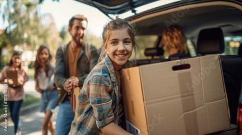 A family driving their child to college, unloading boxes from the car on move-in day, emotional and supportive scene