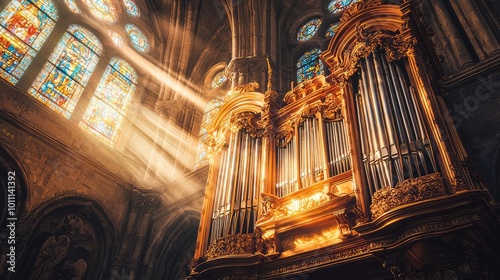 A majestic organ in a grand church, illuminated by sunlight streaming through stained glass windows.