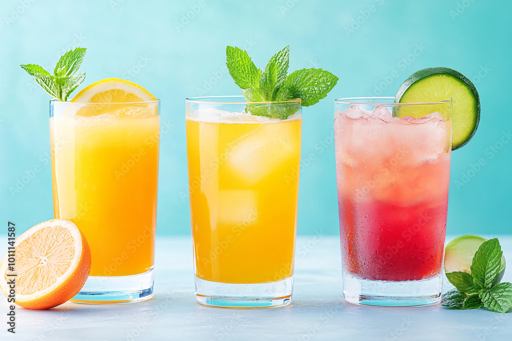 Three glasses of different colored drinks with a slice of lime on top. The drinks are orange, pink, and green Three glasses of different colored drinks with a slice of lime on top. The drinks are orange, pink, and green