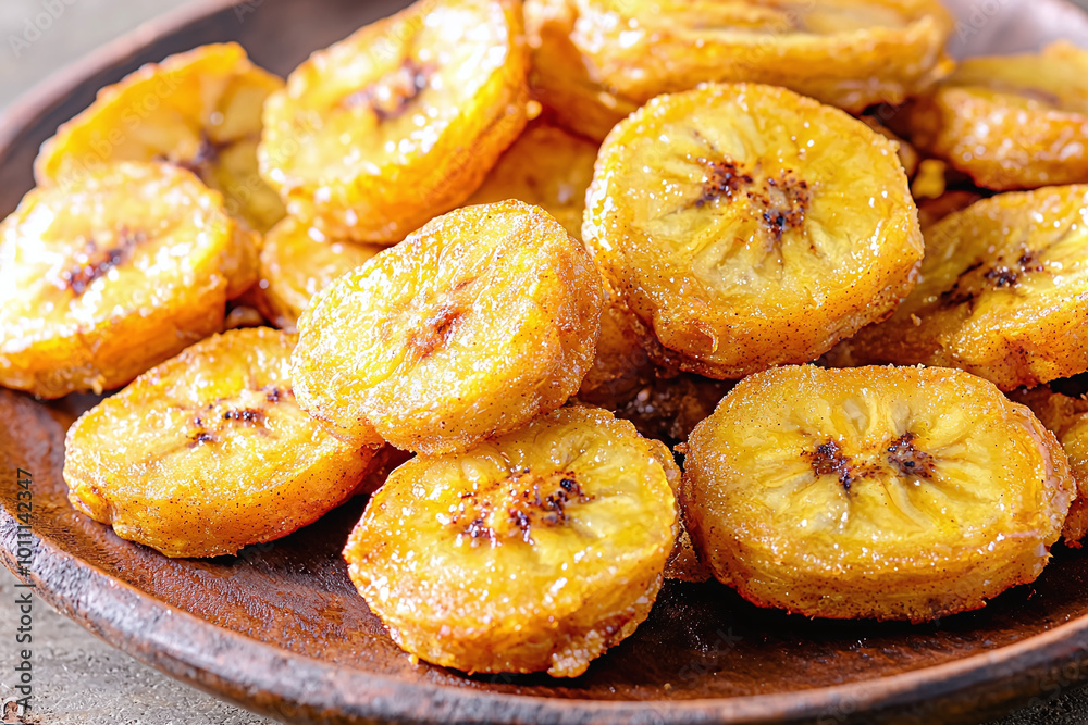 close-up of crispy fried plantains on a rustic plate, desaturated golden hues close-up of crispy fried plantains on a rustic plate, desaturated golden hues