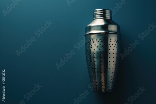 Shiny stainless steel cocktail shaker on a dark background photo