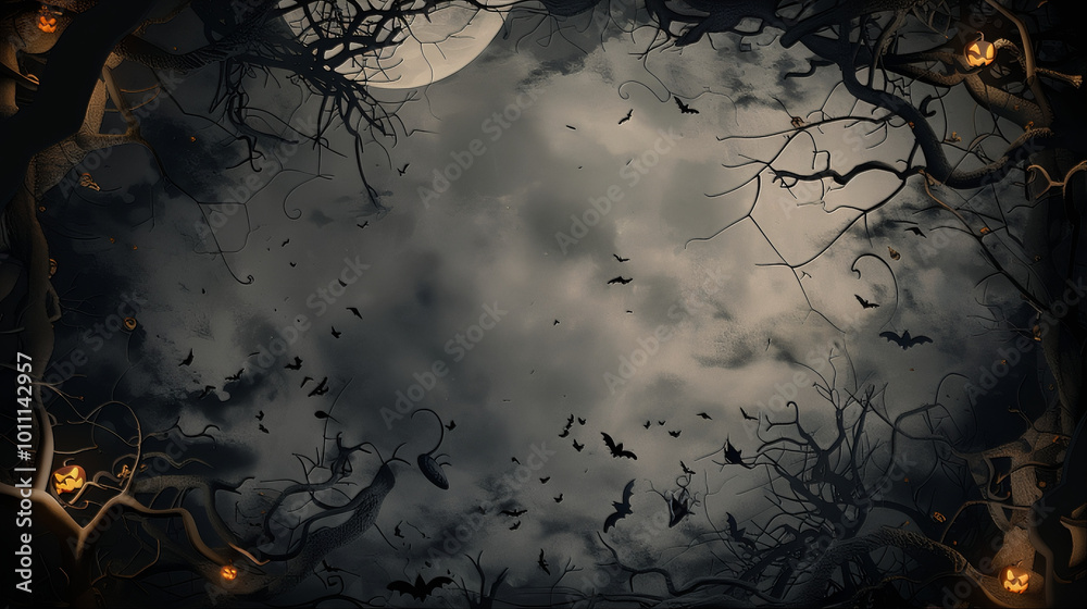 Spooky nigt halloween castle background with pumpkins and bats Spooky nigt halloween castle background with pumpkins and bats