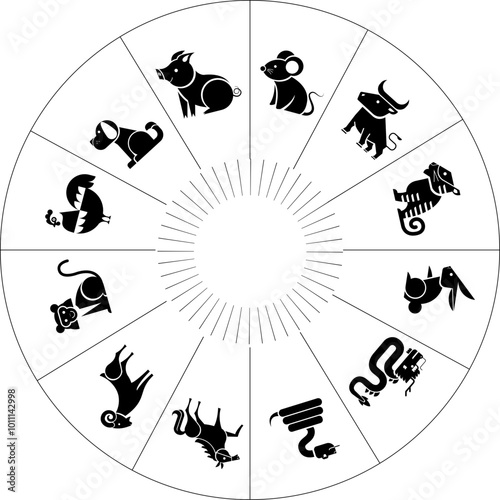Chinese zodiac animals. Twelve asian new year golden characters