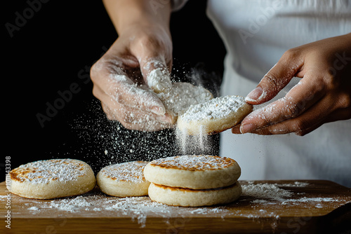 hands preparing homemade arepas for a Colombian breakfast photo