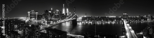 Black And White City. Panoramic Night Picture of Manhattan Skyline in New York City