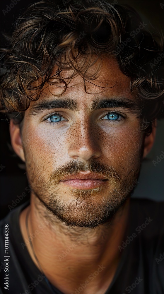 Close-up Portrait of a Handsome Man with Blue Eyes and Freckles Close-up Portrait of a Handsome Man with Blue Eyes and Freckles