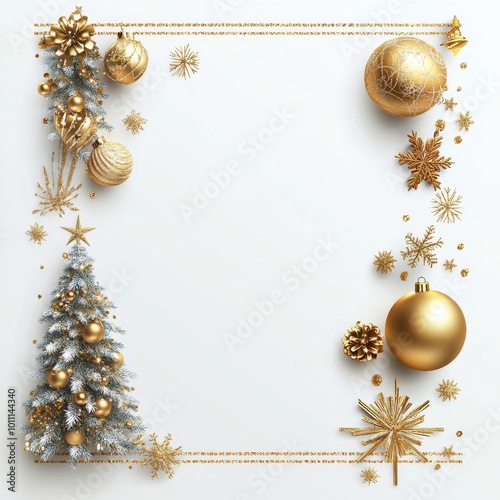 **Merry Christmas and Happy New Year Holiday white banner illustration. Xmas design with realistic 3d objects, christmas tree, golden christmass ball, snowflake, glitter gold photo