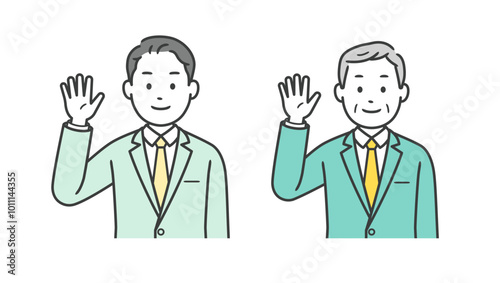 片手を上げて挨拶をするビジネスマンの上半身イラスト