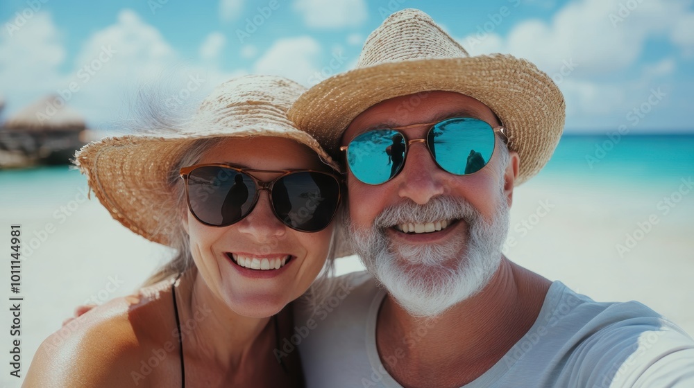 good-looking senior couple tourist. Enjoy free time outdoors near the sea on the beach. Looking at the camera while relaxing on a clear day Poses for travel selfies smiling happy tropical. good-looking senior couple tourist. Enjoy free time outdoors near the sea on the beach. Looking at the camera while relaxing on a clear day Poses for travel selfies smiling happy tropical.