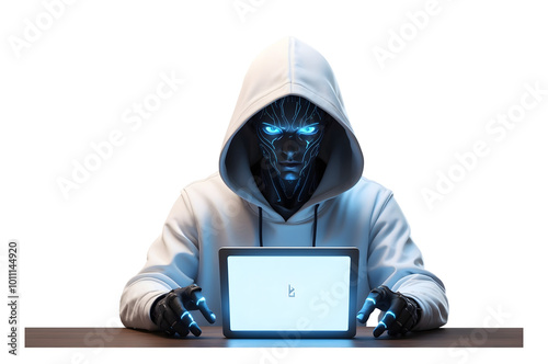 Cyber Hacker with Blue Glowing Eyes Wearing a Hoodie Isolated on Transparent Background. photo