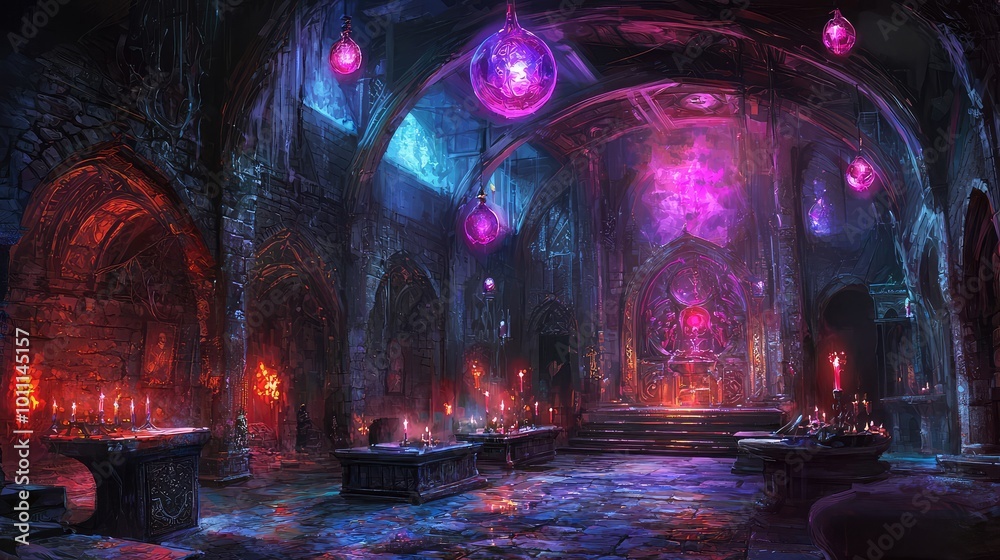 Naklejka premium A mystical, dimly lit chamber adorned with glowing orbs and intricate gothic architecture, evoking a sense of magic and mystery.