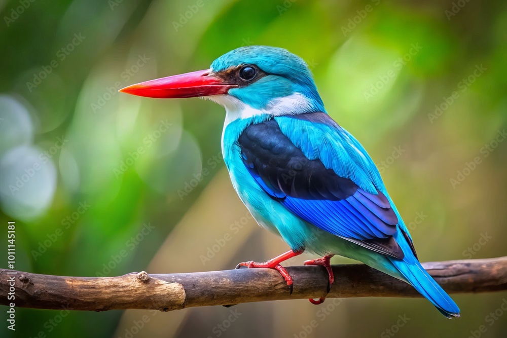Obraz premium Adult Woodlands Kingfisher Halcyon senegalensis Perched on Branch in Natural Habitat with Ample Copy Space for Design